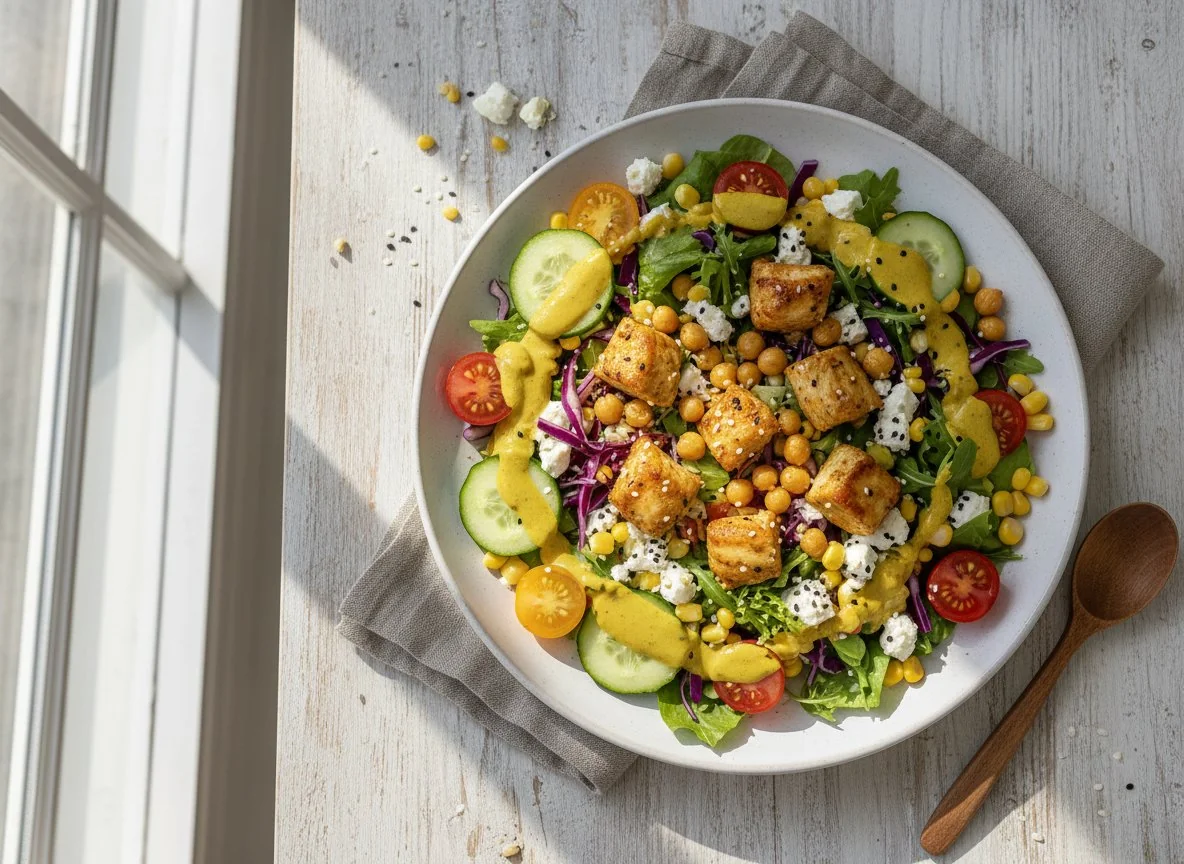 Bunter Salat mit Hähnchen und Kichererbsen photo