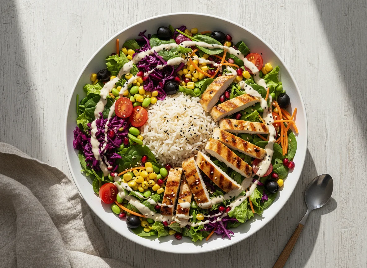 Bunter Salat mit Hähnchen und Reis photo