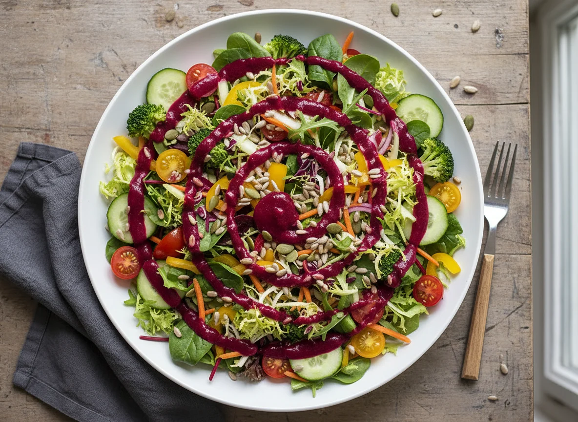 Bunter Salat mit Rote-Bete-Dressing und Kernen photo