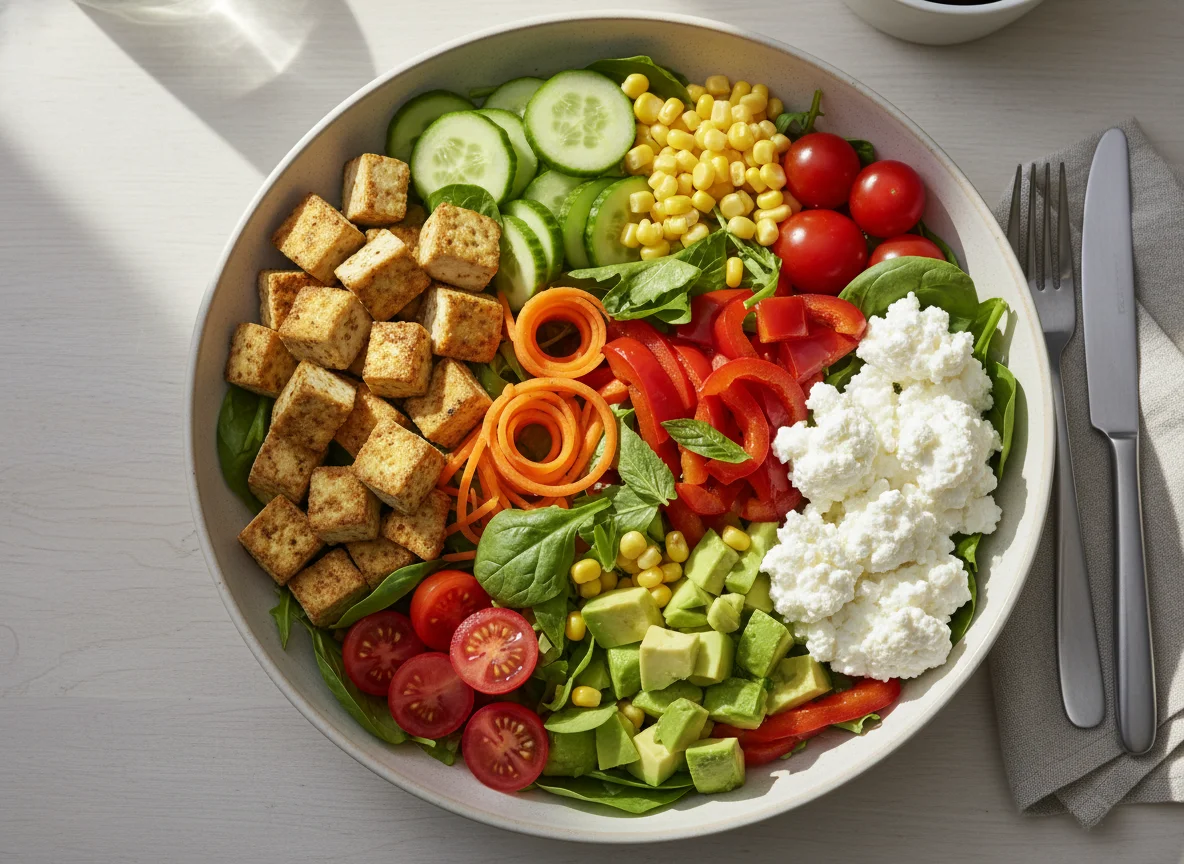 Bunter Salat mit Tofu und Hüttenkäse photo