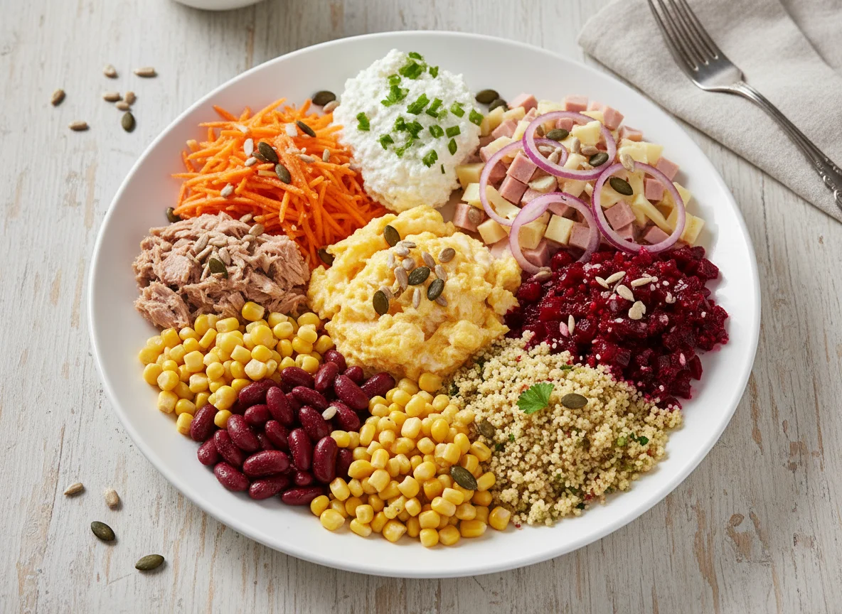 Bunter Salatteller mit verschiedenen Beilagen photo