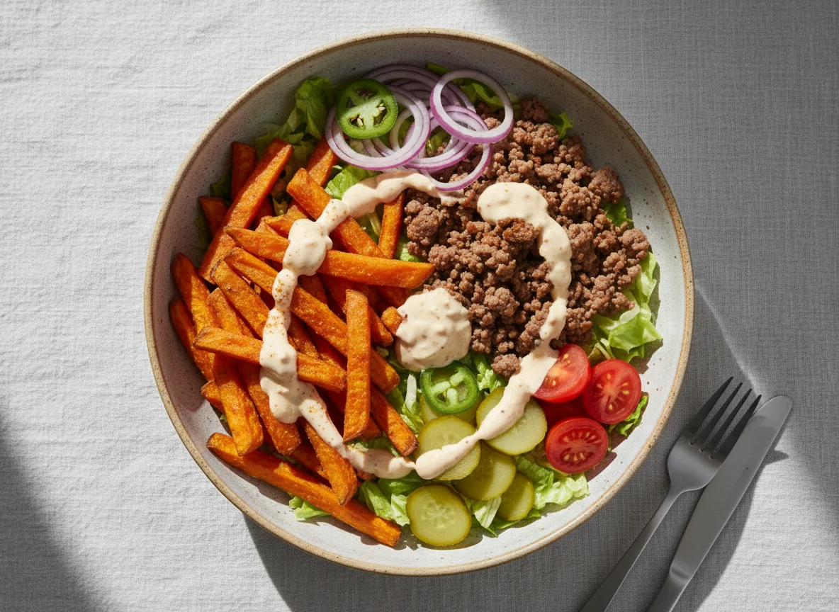 Burger Bowl mit Süßkartoffelpommes photo
