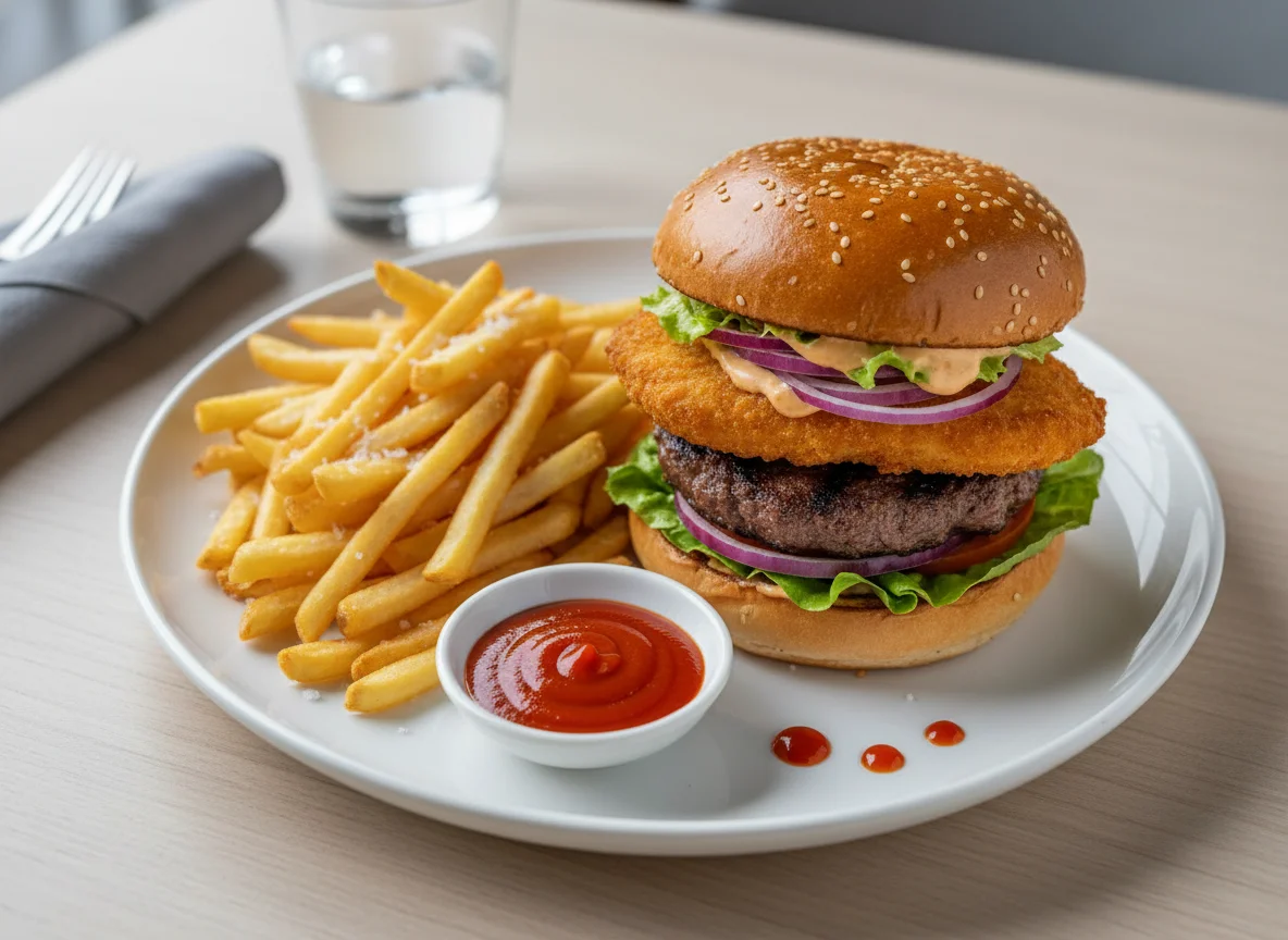 Burger Menü mit Pommes und Sriracha Sauce photo