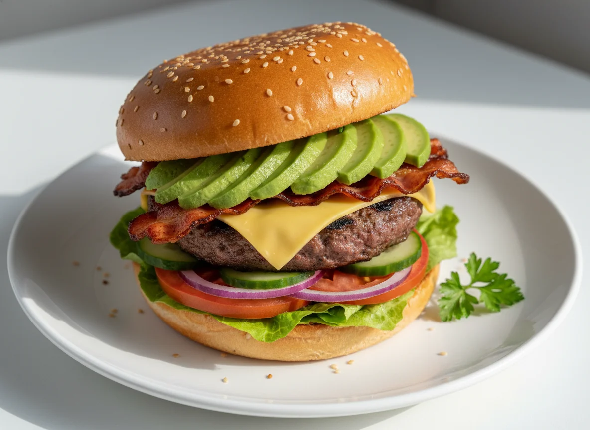 Burger mit Avocado und Speck photo