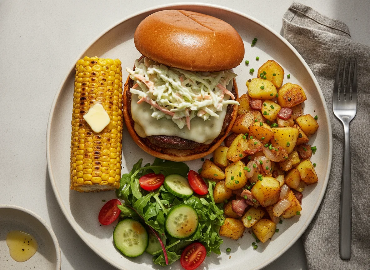 Burger mit Bratkartoffeln, Maiskolben und Salat photo