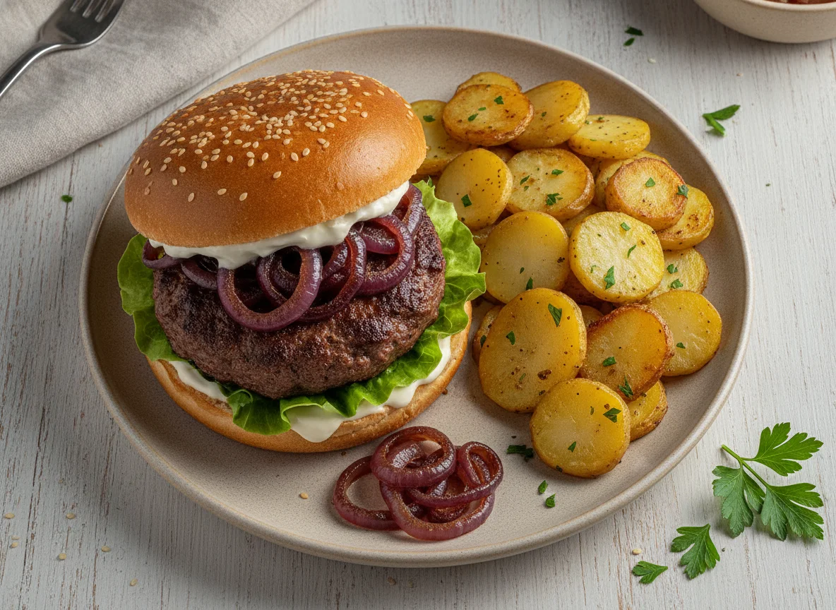 Burger mit Bratkartoffeln und karamellisierten Zwiebeln photo