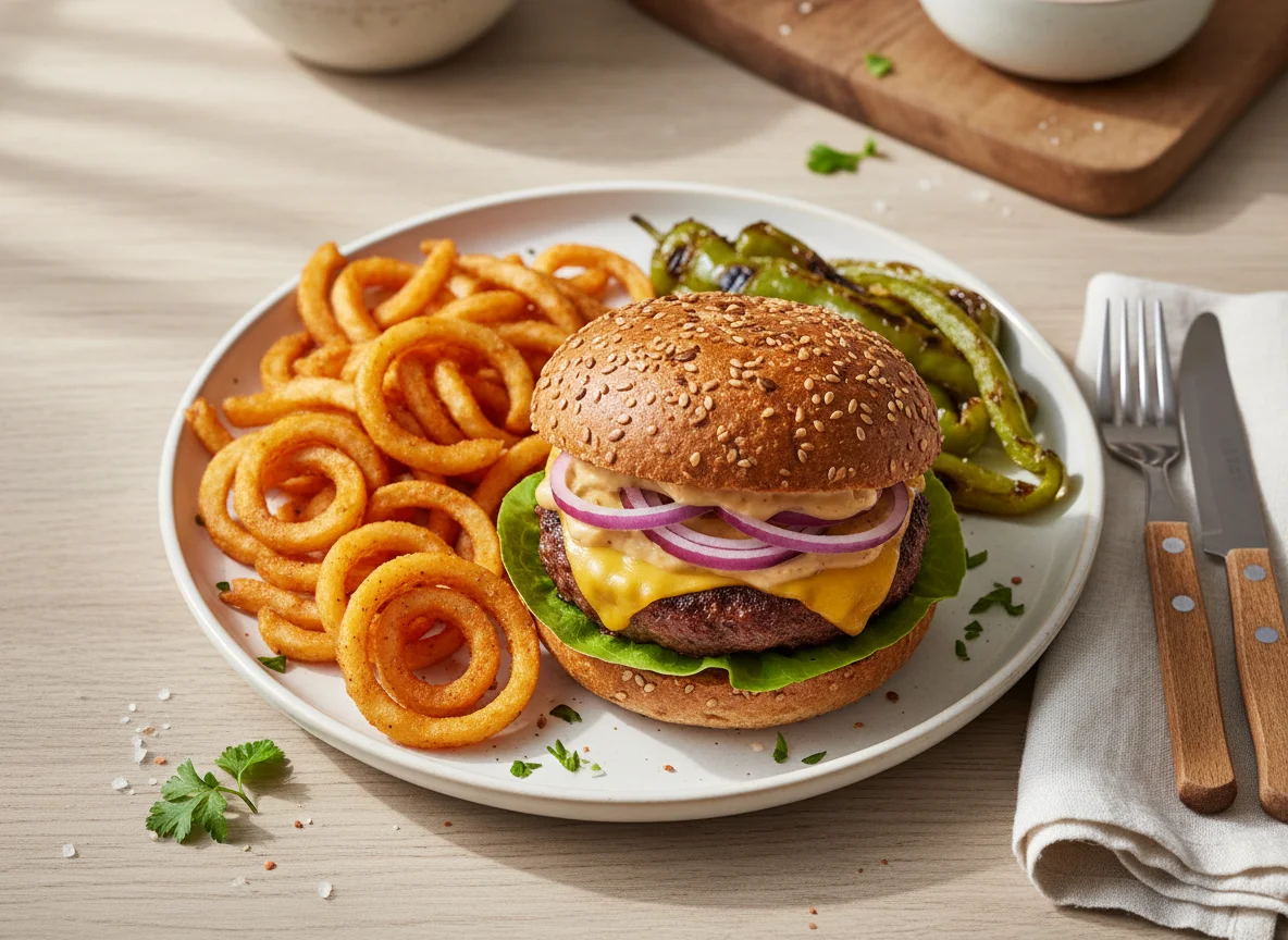 Burger mit Curly Fries und gebratenen Paprika photo
