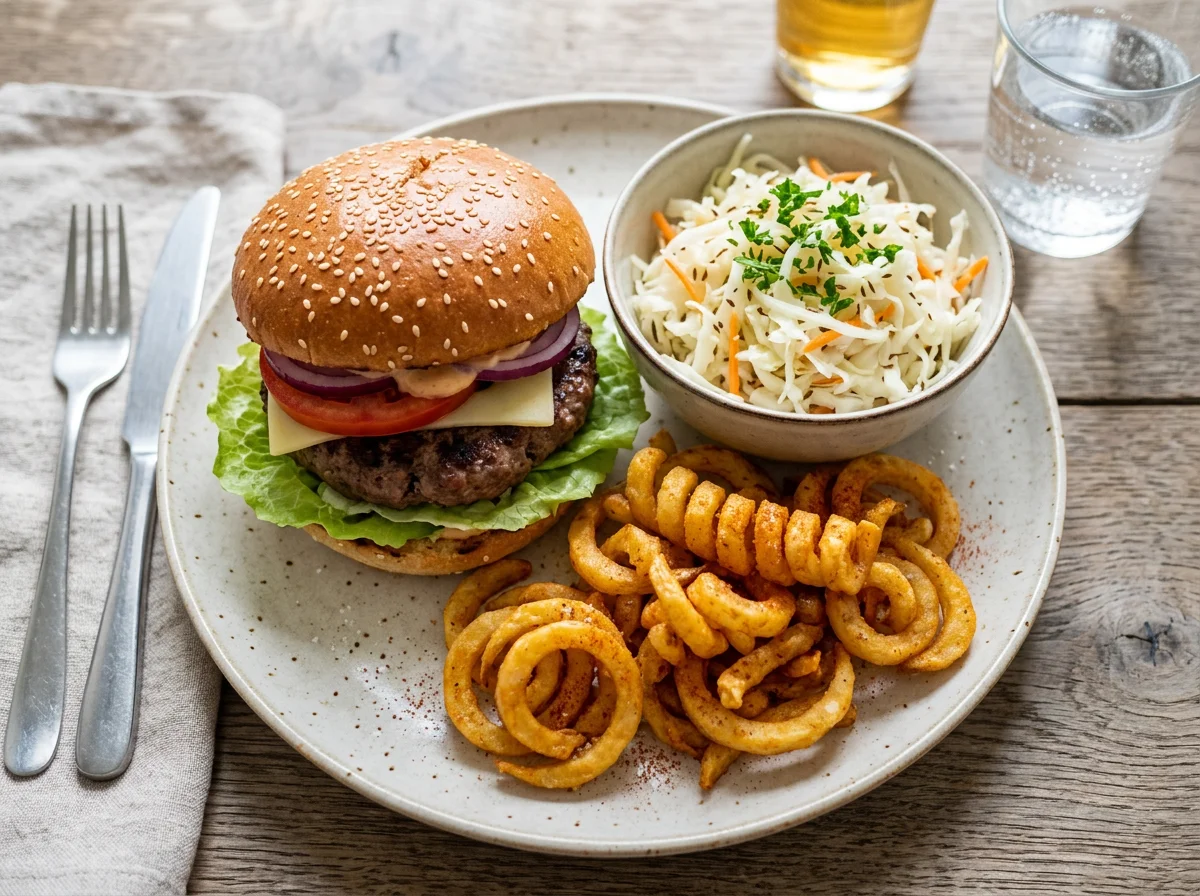 Burger mit Curly Fries und Krautsalat photo