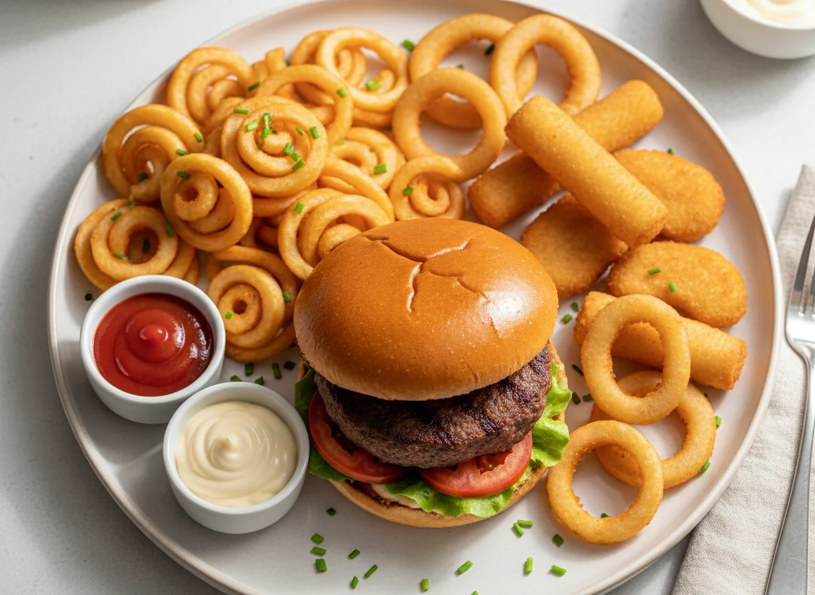 Burger mit Curly Fries und Snack-Platte photo
