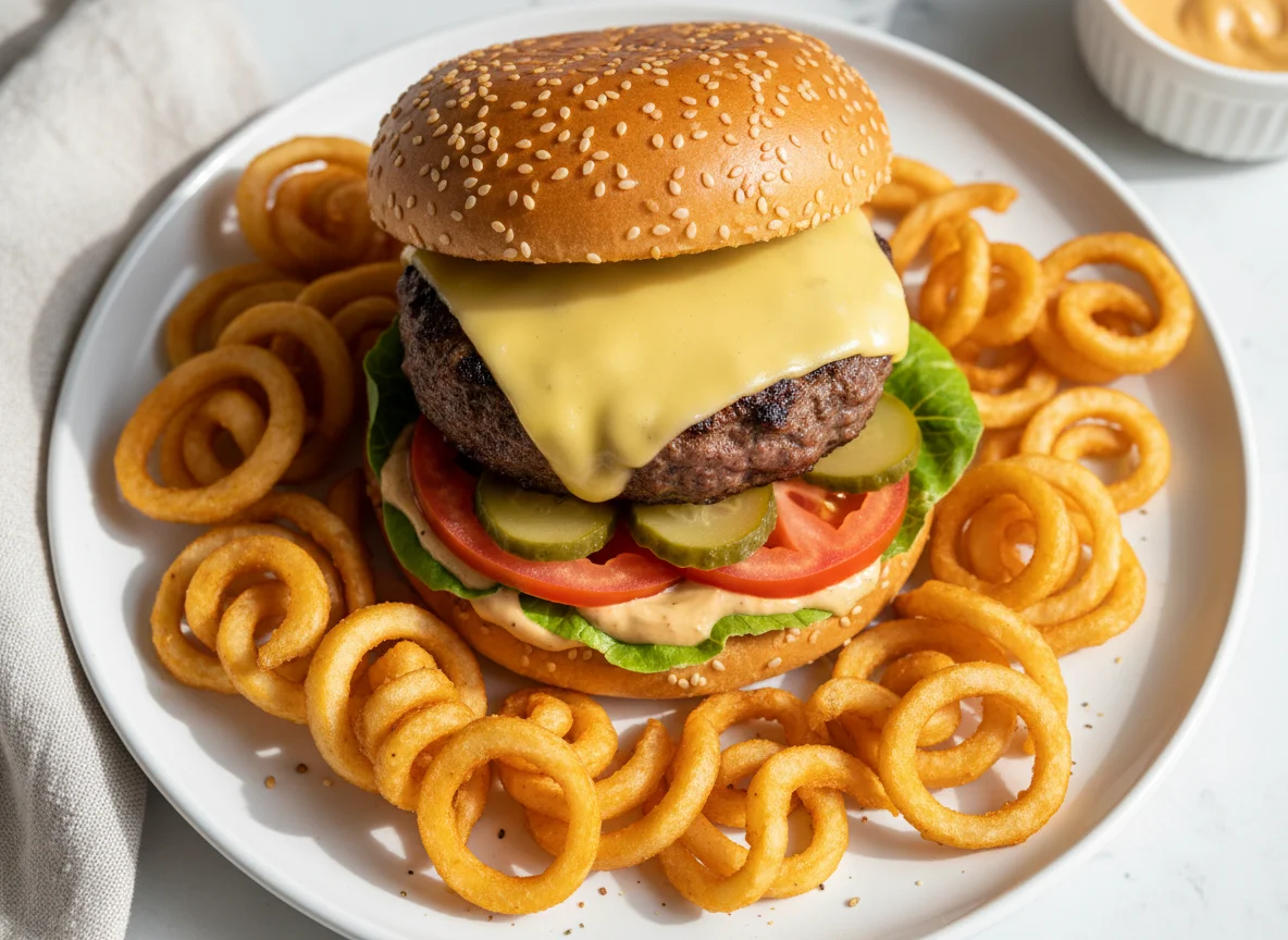 Burger mit Curly Fries photo