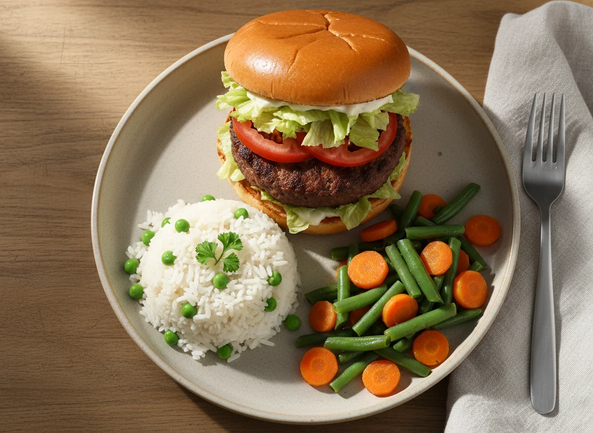 Burger mit Erbsen, Reis und Gemüse photo