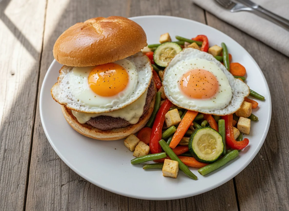 Burger mit gebratenem Gemüse und Spiegeleiern photo