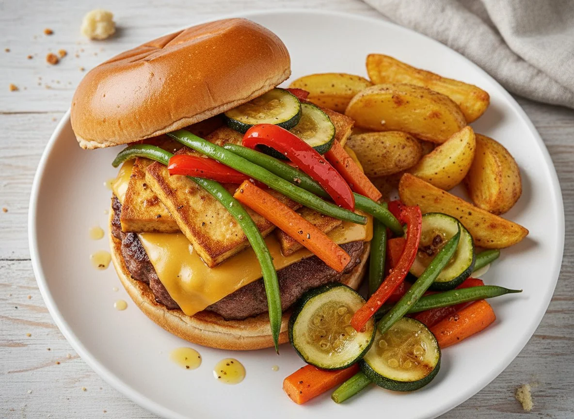 Burger mit gebratenem Gemüse und Tofu photo