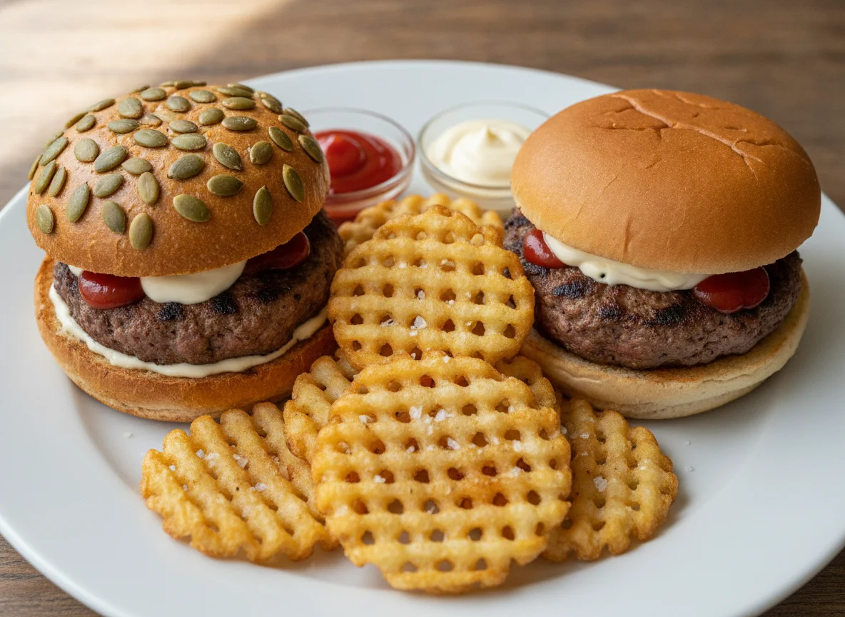 Burger mit Gitterpommes photo