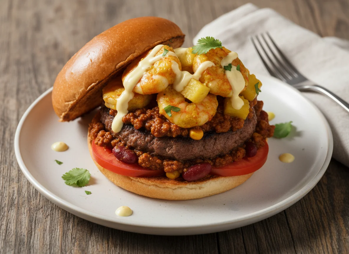 Burger mit Hackfleischsauce und Garnelen-Curry photo