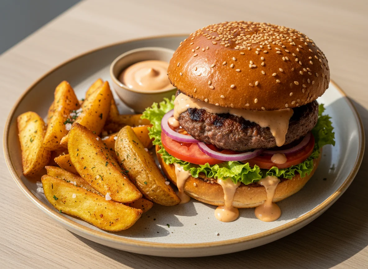 Burger mit Kartoffelspalten photo