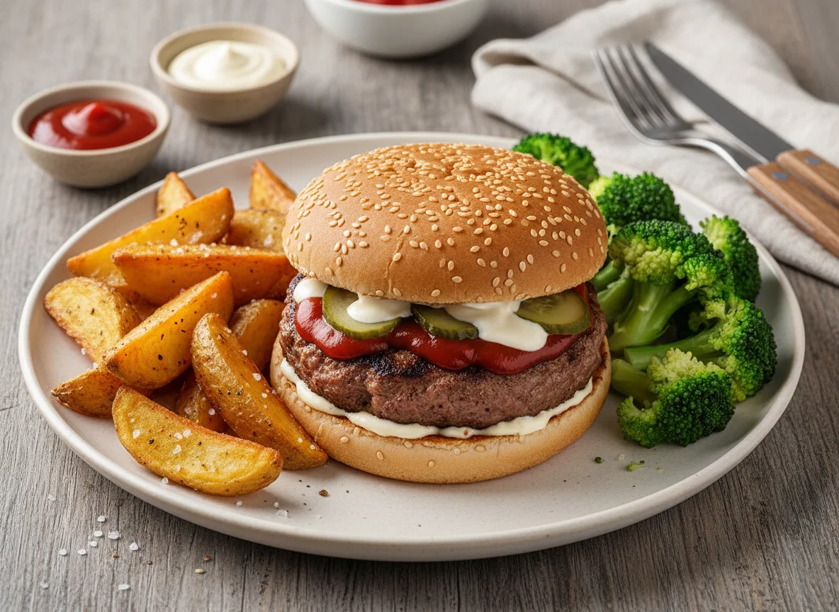 Burger mit Kartoffelspalten und Brokkoli photo