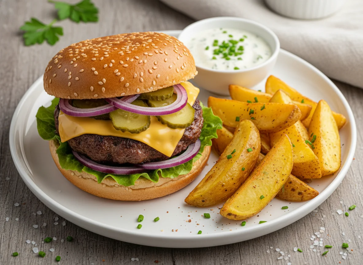 Burger mit Kartoffelspalten und Dip photo