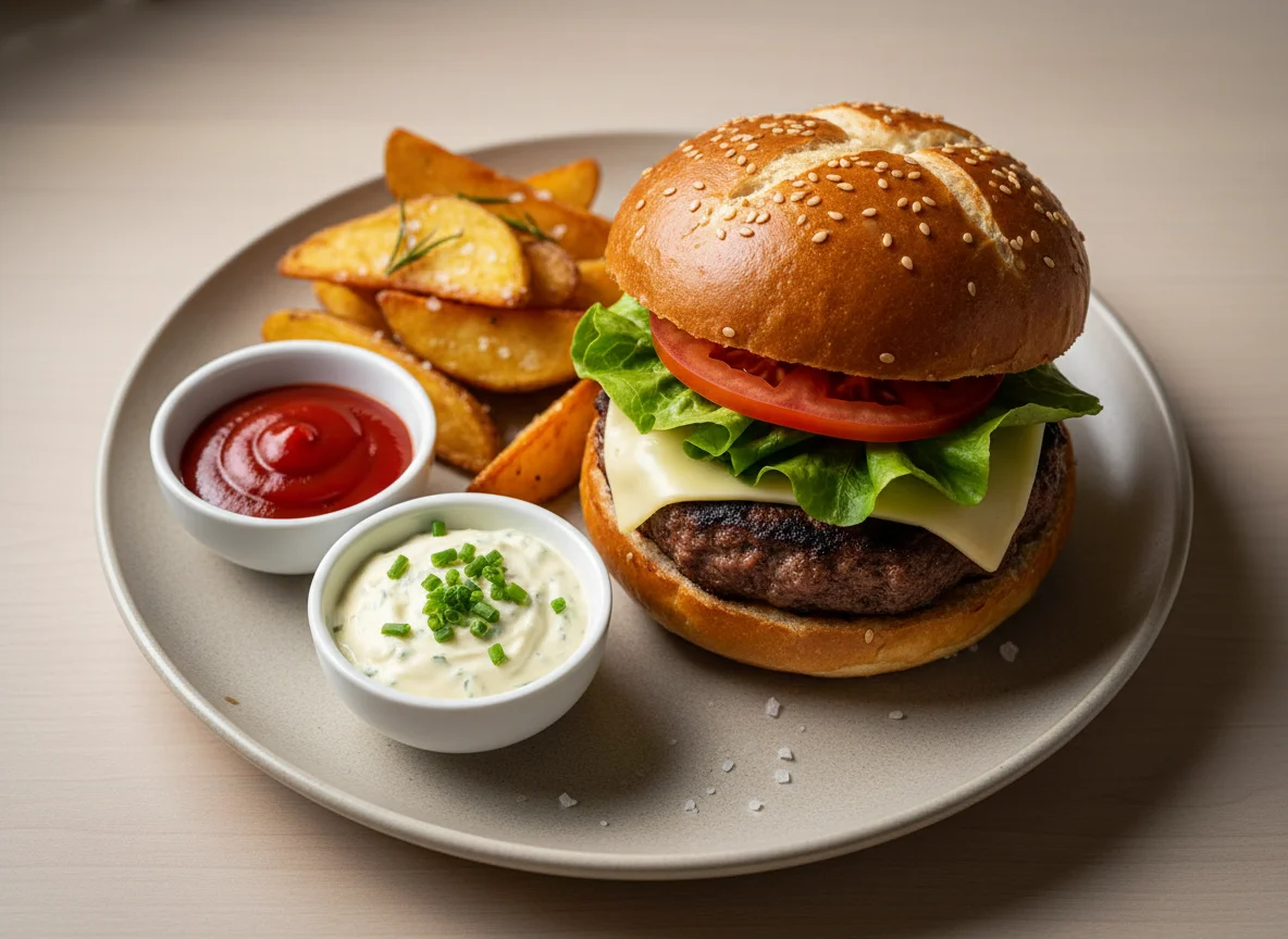Burger mit Kartoffelspalten und Dips photo