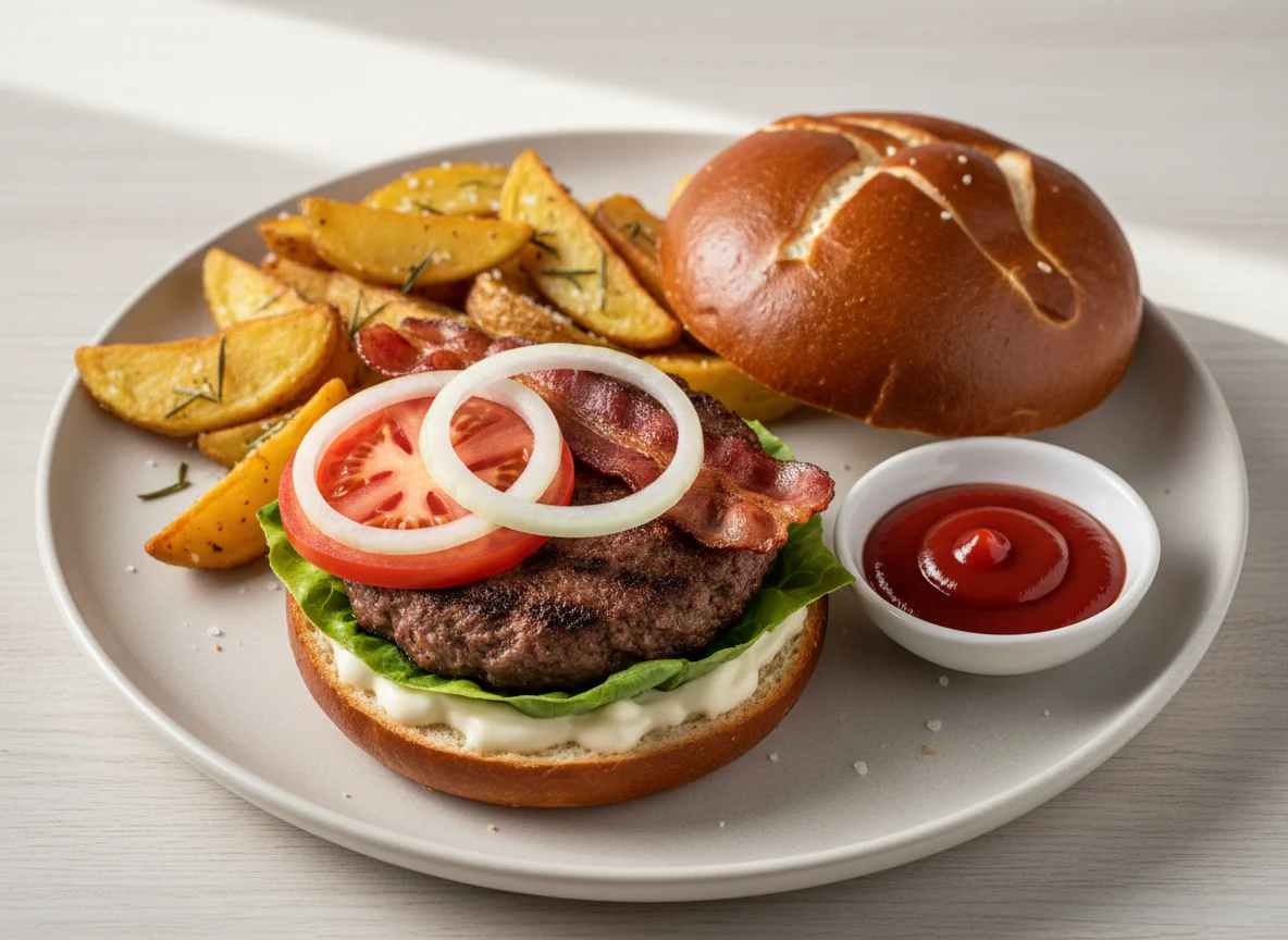 Burger mit Kartoffelspalten und Ketchup photo