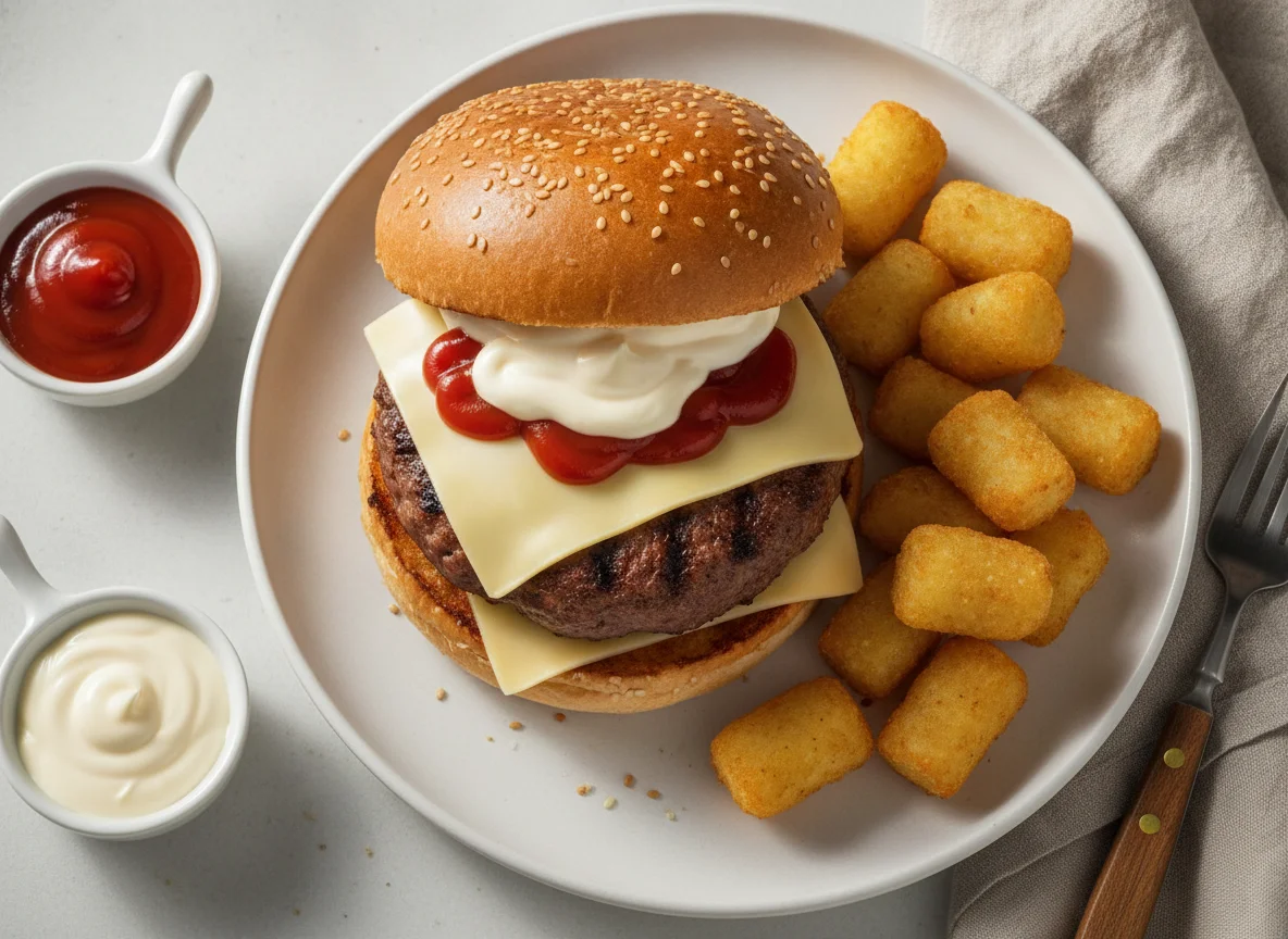Burger mit Kroketten und Saucen photo