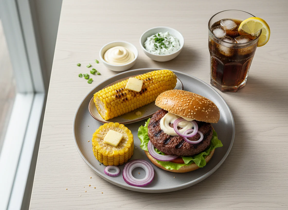 Burger mit Maiskolben und Getränk photo