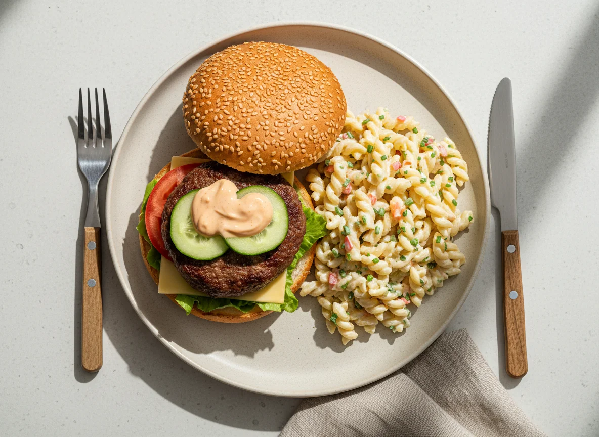 Burger mit Nudelsalat photo