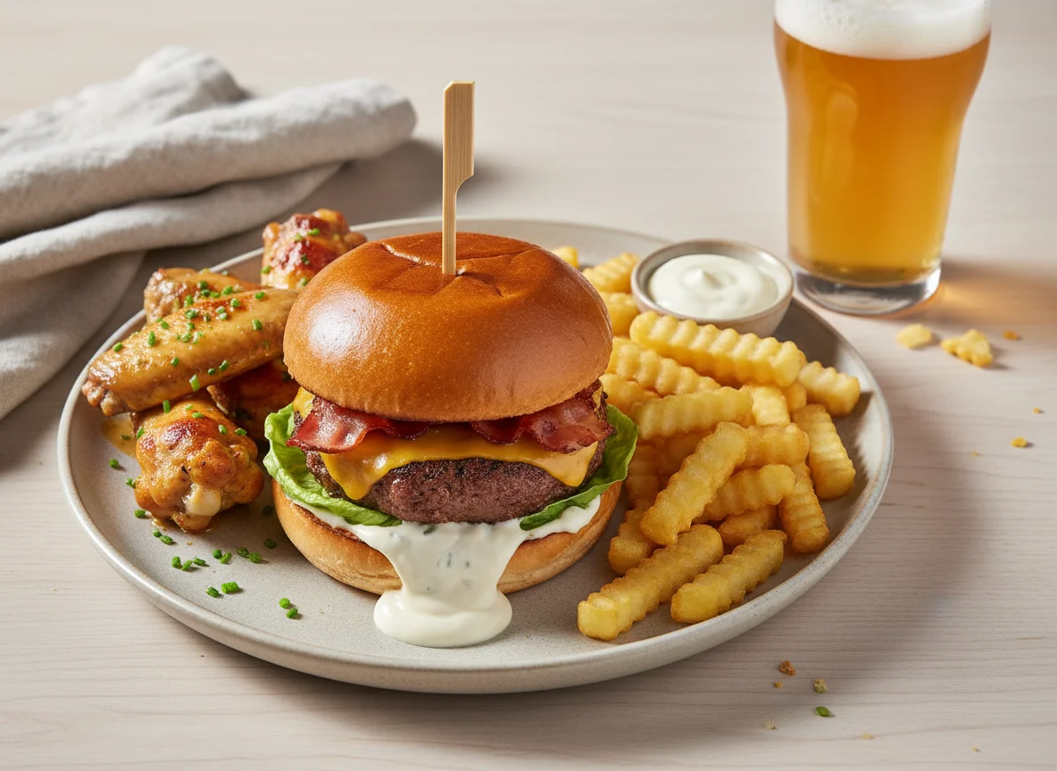 Burger mit Pommes, Chicken Wings und Weißbier photo