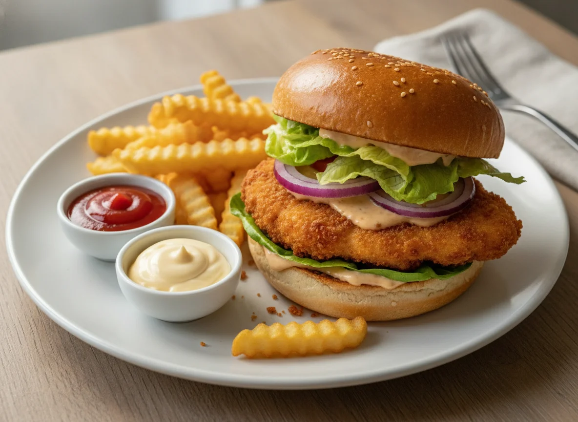 Burger mit Pommes frites, Ketchup und Mayonnaise photo