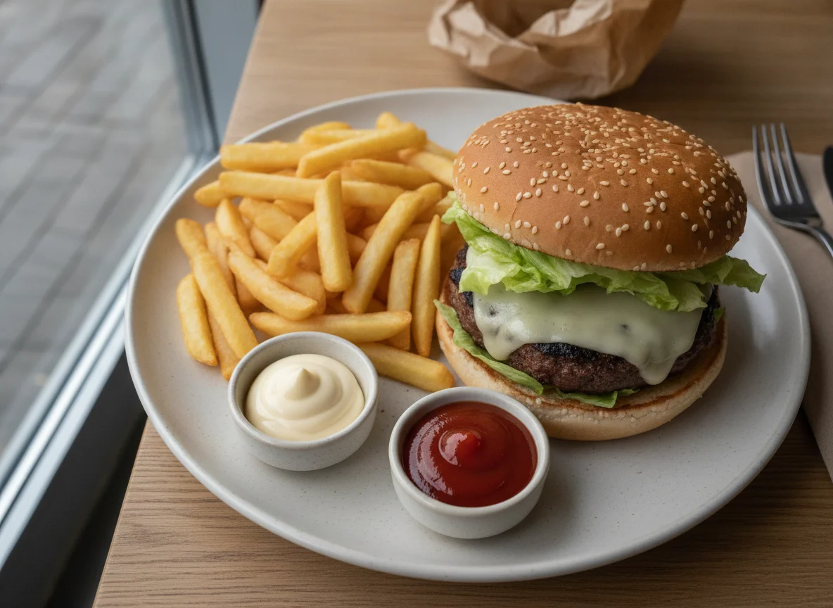 Burger mit Pommes frites, Mayonnaise und Ketchup photo