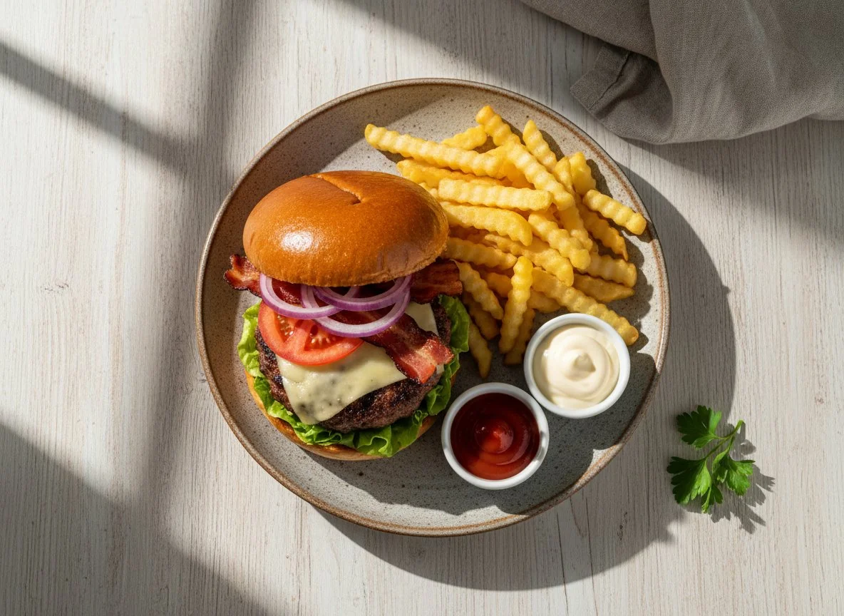 Burger mit Pommes Frites und Dips photo