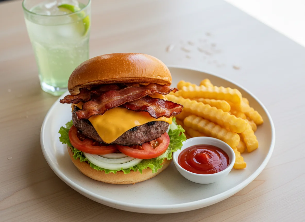 Burger mit Pommes Frites und Getränk photo