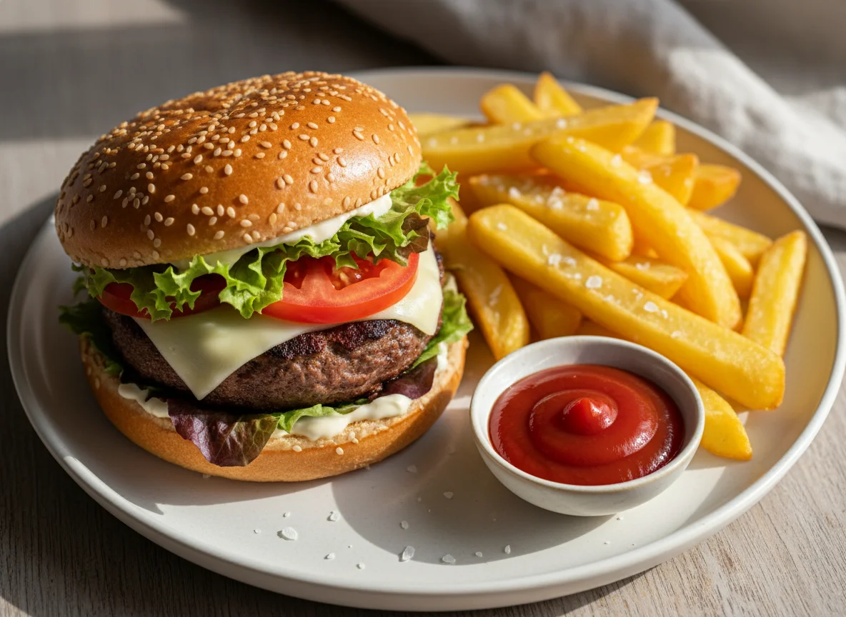 Burger mit Pommes Frites und Ketchup photo