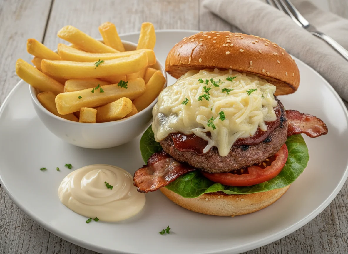 Burger mit Pommes frites und Mayonnaise photo