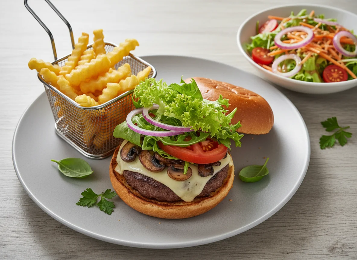Burger mit Pommes Frites und Salat photo