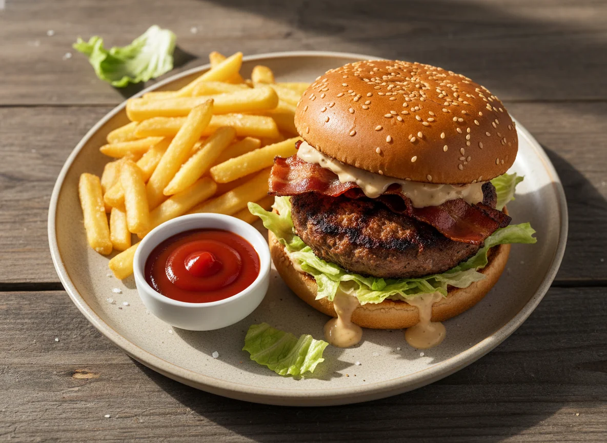 Burger mit Pommes Frites und Sauce photo
