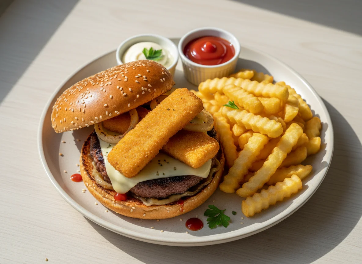 Burger mit Pommes Frites und Saucen photo