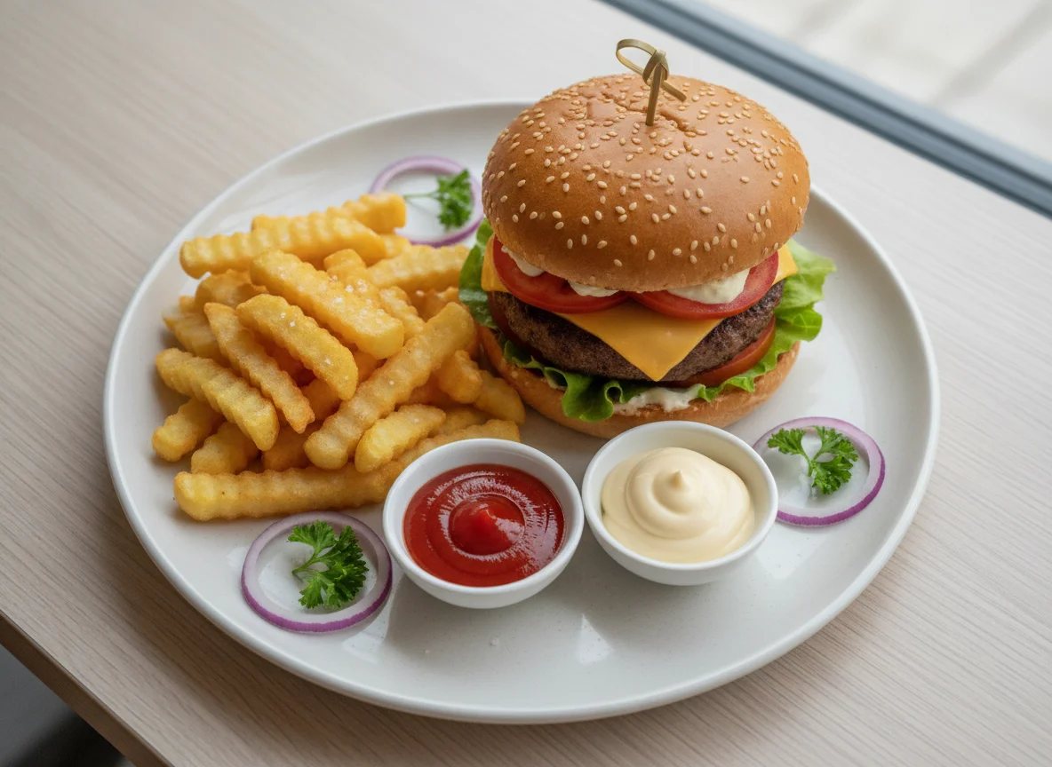 Burger mit Pommes, Ketchup und Mayonnaise photo