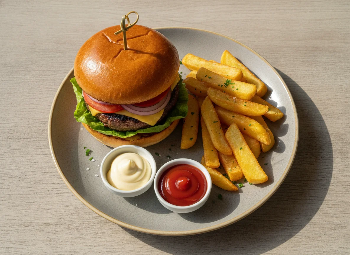Burger mit Pommes, Mayonnaise und Ketchup photo