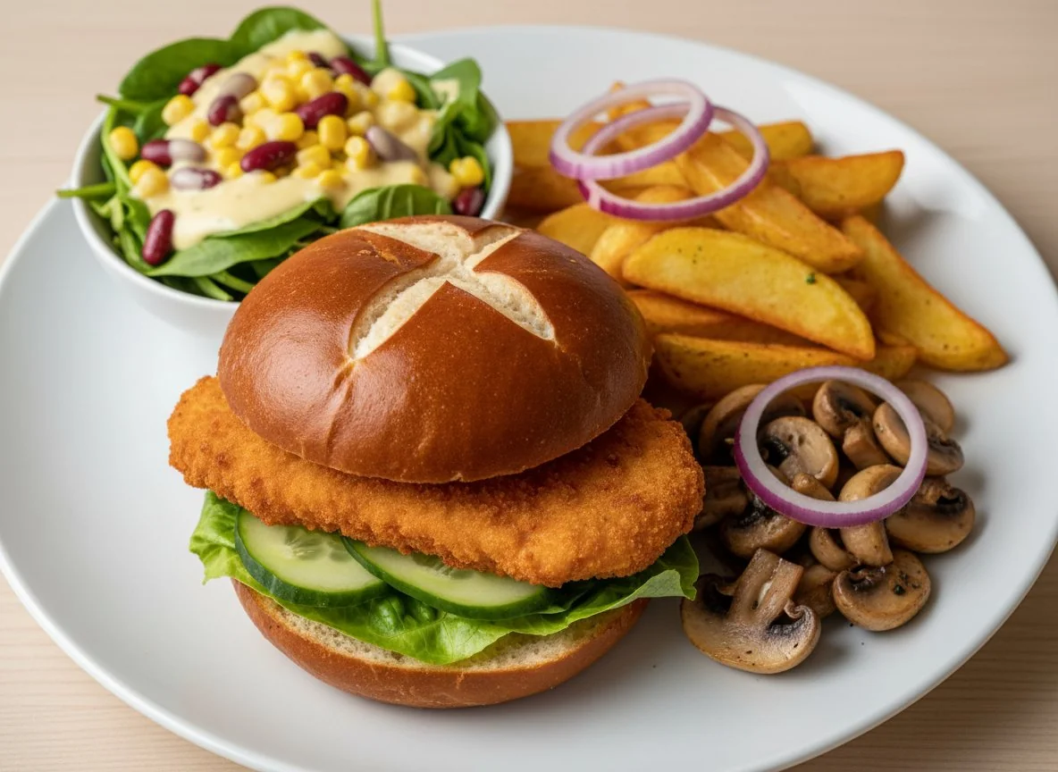 Burger mit Pommes, Pilzen und Salat photo
