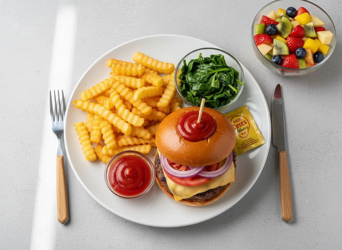 Burger mit Pommes, Spinat und Obstsalat photo