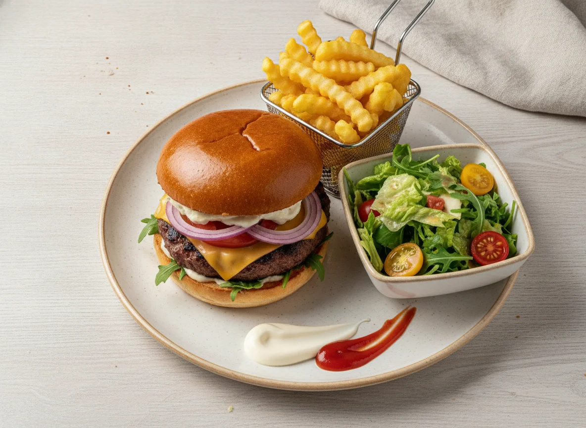 Burger mit Pommes und Beilagensalat photo