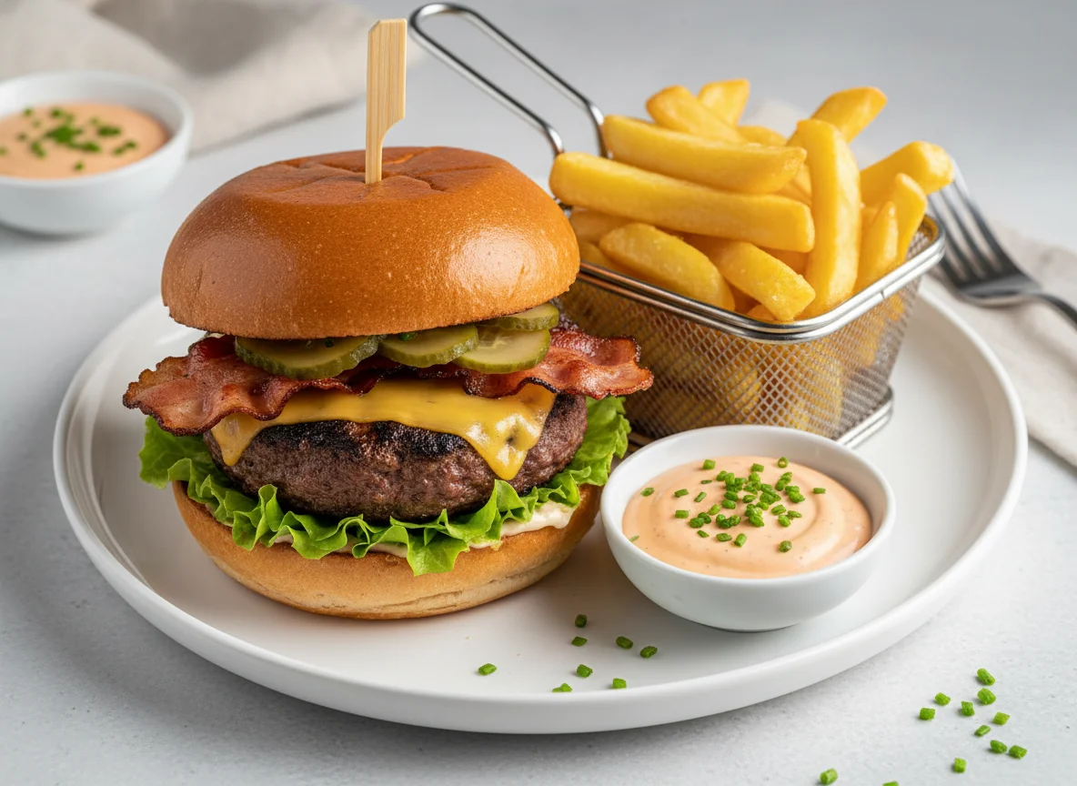 Burger mit Pommes und Dip photo