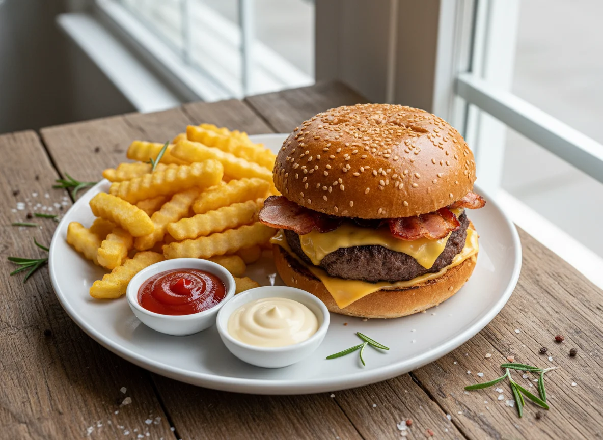 Burger mit Pommes und Dips photo