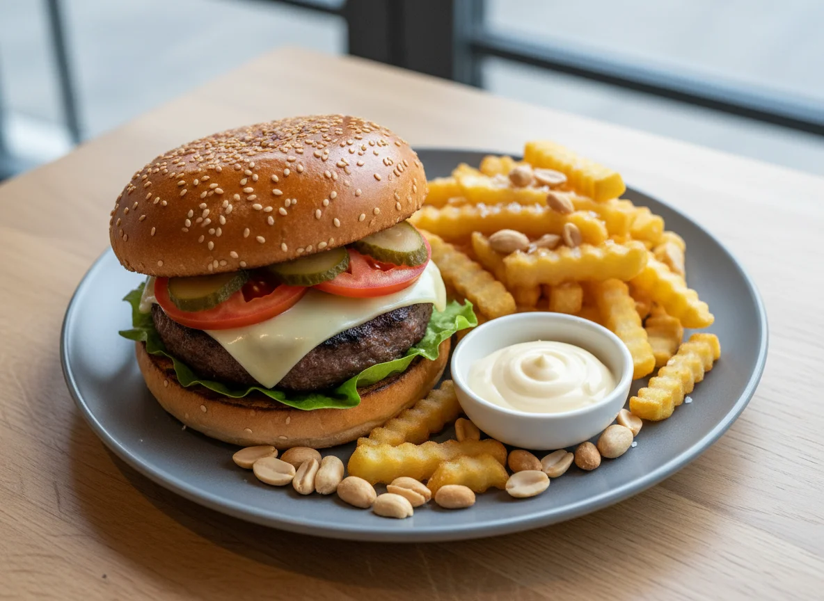 Burger mit Pommes und Erdnüssen photo