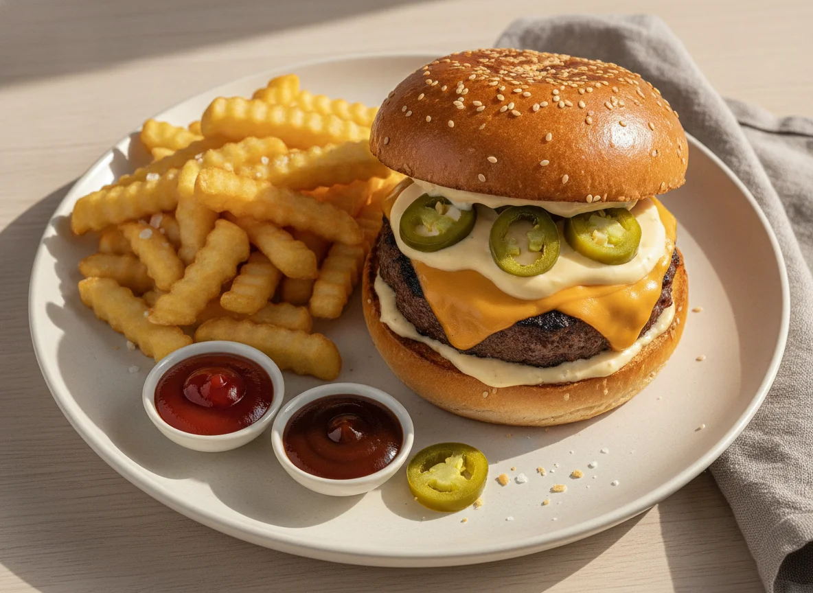 Burger mit Pommes und Jalapeños photo
