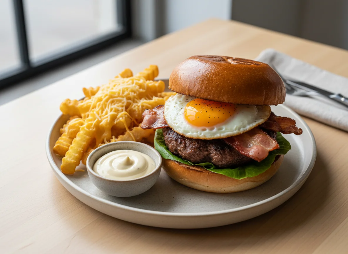 Burger mit Pommes und Käse photo