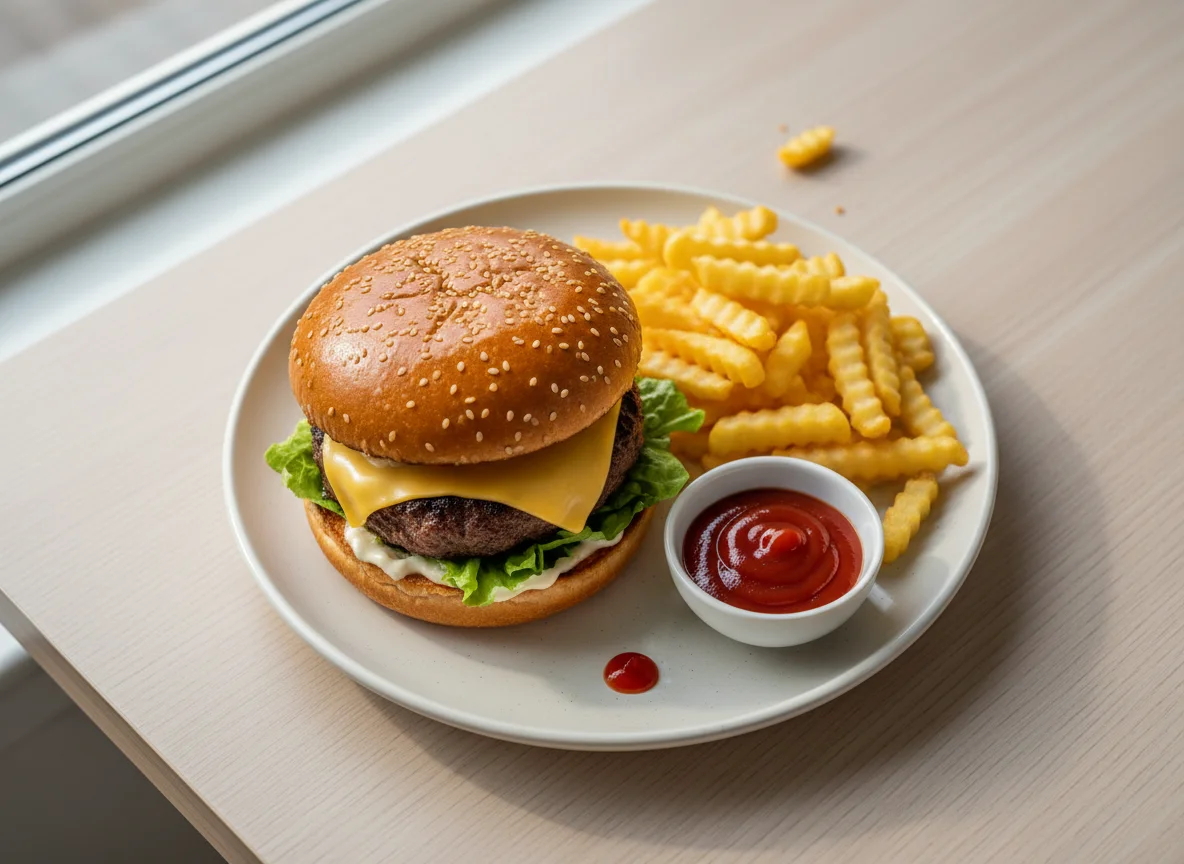 Burger mit Pommes und Ketchup photo