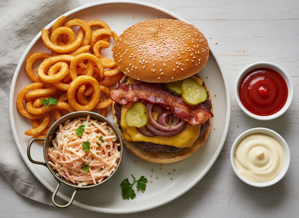 Burger mit Pommes und Krautsalat photo