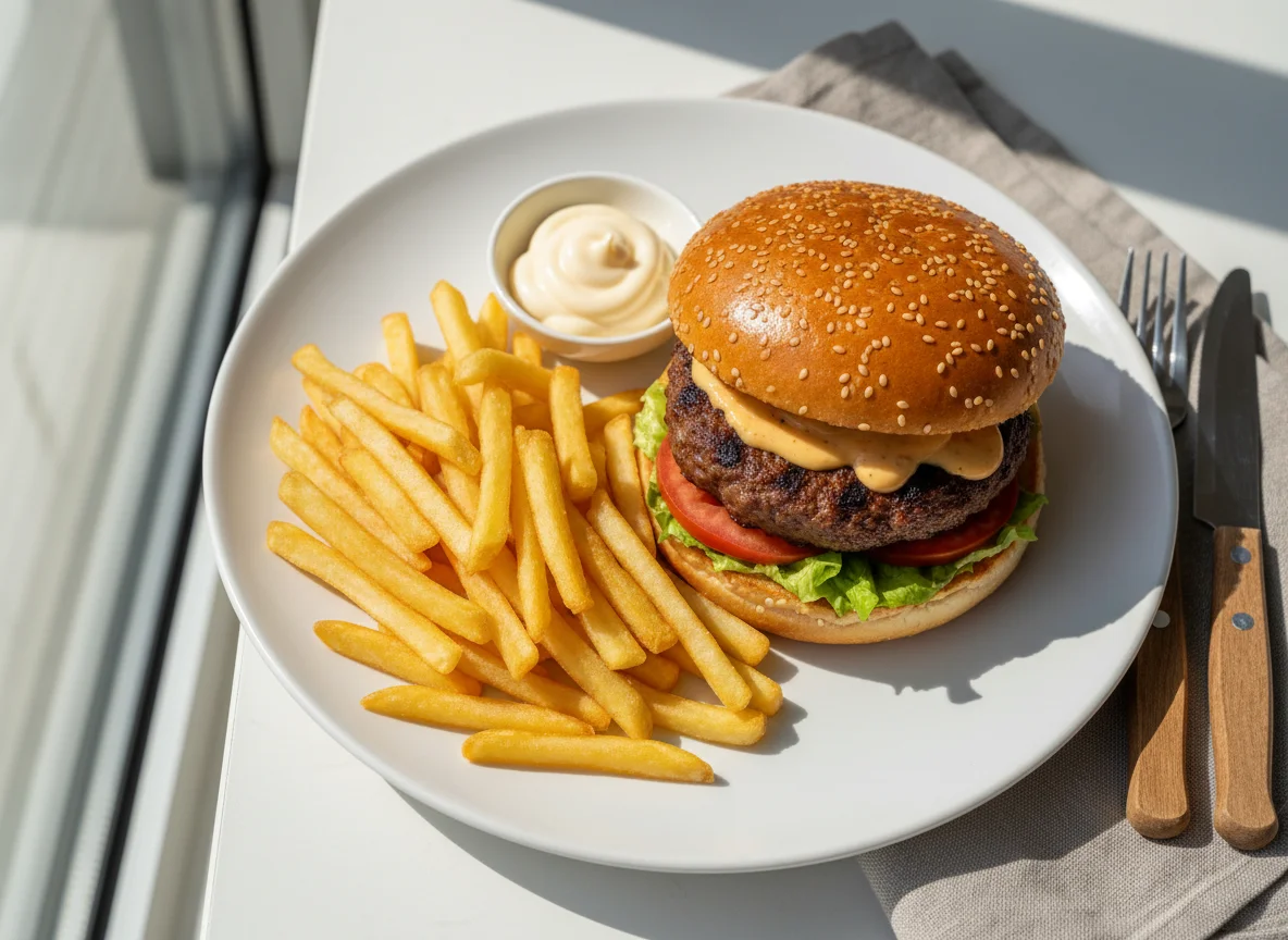 Burger mit Pommes und Mayonnaise photo